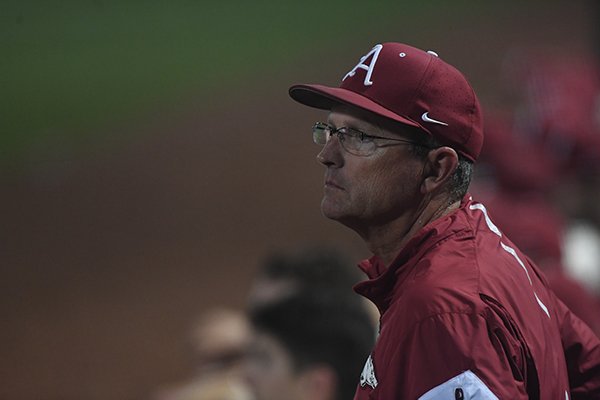 Arkansas coach Dave Van Horn watches from the dugout during an SEC Tournament game against South Carolina on Wednesday, May 23, 2018, in Hoover, Ala. 
