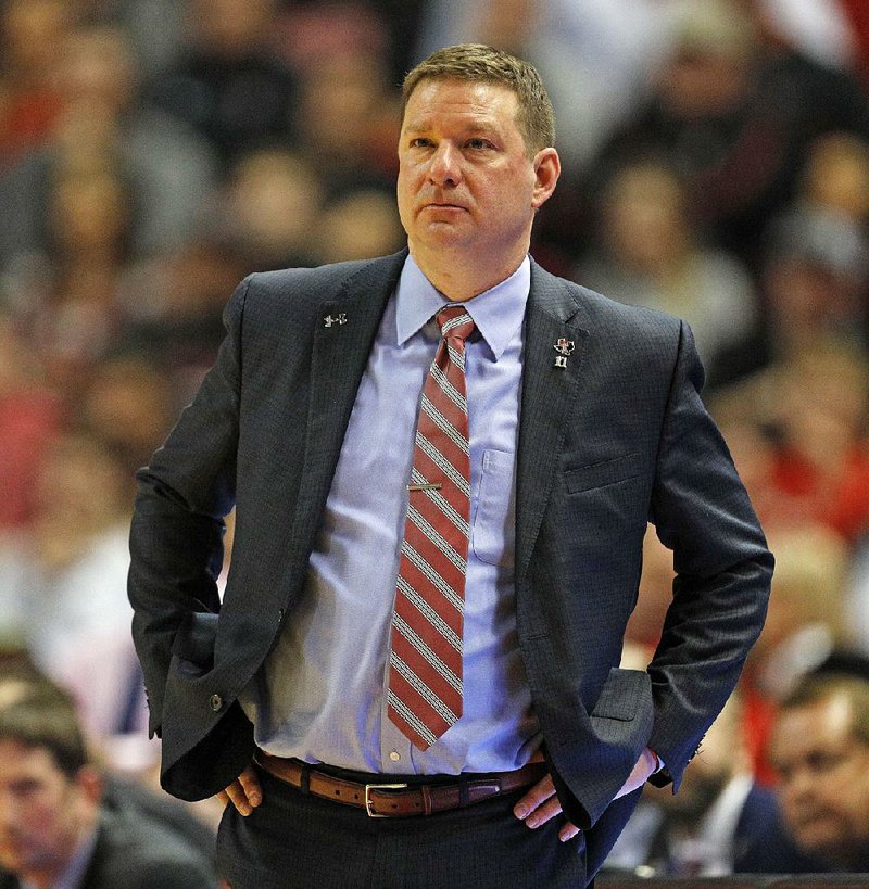 Texas Tech coach Chris Beard watches the game during the second half of an NCAA college basketball game against West Virginia, Saturday, Jan. 13, 2018, in Lubbock, Texas. 