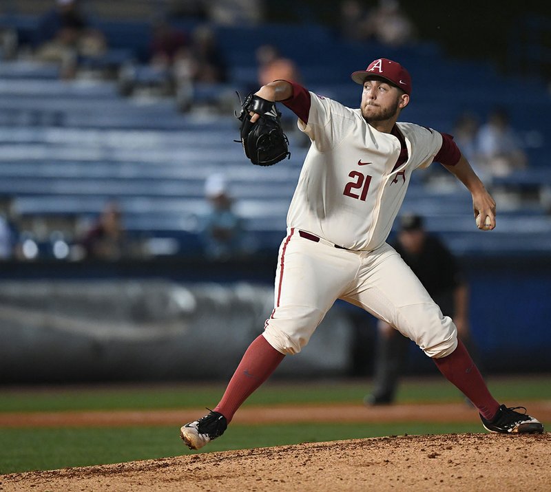 NWA Democrat-Gazette/J.T. Wampler STRONG STARTER: Arkansas' Kacey Murphy delivers a pitch against South Carolina Wednesday at the SEC Baseball Tournament in Hoover, Ala. Murphy earned the win, allowing six runs on five hits and two walks while striking out two in 5 2/3 innings on the mound.