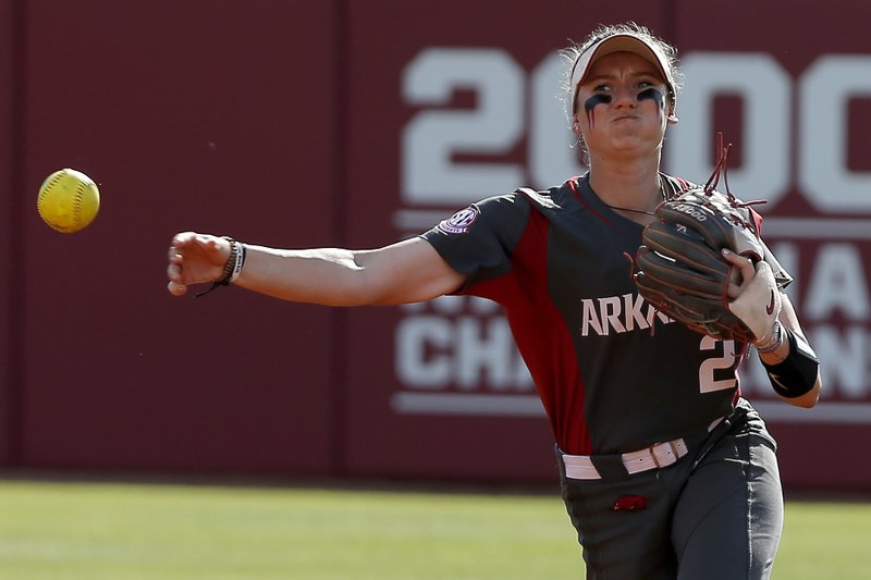 Arkansas' A.J. Belans (2) throws to first in the fifth inning during an NCAA college Super Regional softball game against Oklahoma in Norman, Okla., Friday, May 25, 2018. (Sarah Phipps/The Oklahoman via AP)