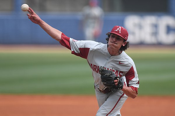 Arkansas pitcher Blaine Knight throws during an SEC Tournament game against Florida on Friday, May 25, 2018, in Hoover, Ala. 
