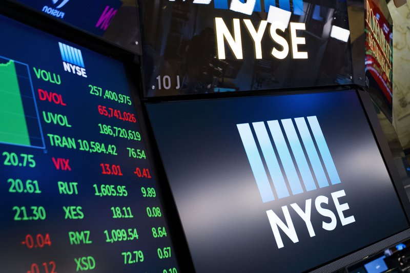 FILE- In this May 10, 2018, file photo, stock screens are shown at the New York Stock Exchange. (AP Photo/Mark Lennihan, File)