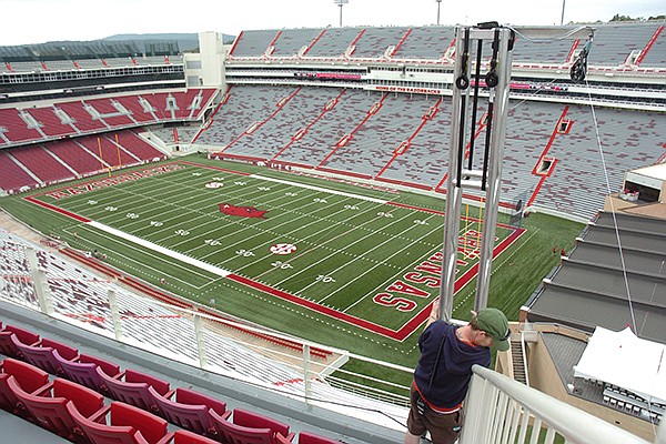 A turf field is shown at Donald W. Reynolds Razorback Stadium. The field, installed in 2009, will be replaced prior to the 2019 season.