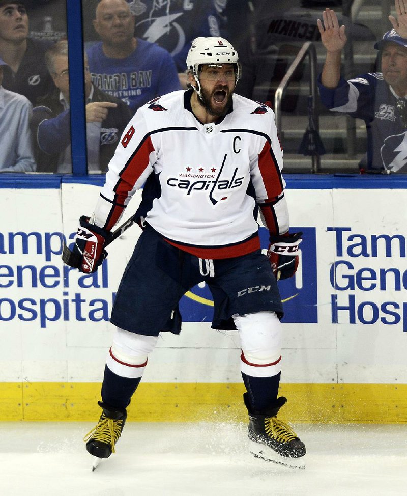 Washington Capitals left wing Alex Ovechkin celebrates a goal against the Tampa Bay Lightning during the first period of Game 7 of the NHL hockey playoffs Eastern Conference finals Wednesday, May 23, 2018, in Tampa, Fla. 