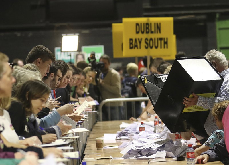 Counting of votes begins in the Irish referendum on the 8th Amendment of the Irish Constitution, in Dublin, Ireland, Saturday, May 26, 2018. Official counting began Saturday in Ireland's historic abortion rights referendum, with two exit polls predicting an overwhelming victory for those seeking to end the country's strict ban. (AP Photo/Peter Morrison)
