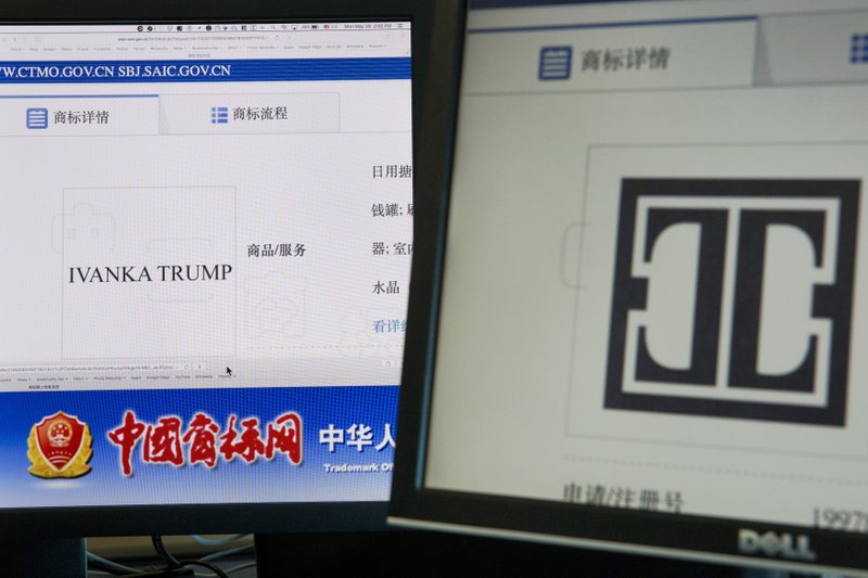 Computer screen shows the Ivanka Trump logo, right, and the website of the Chinese Trademark Office in Beijing, China, Monday, May 28, 2018. China has approved 13 Ivanka Trump trademarks in the last three months and granted provisional approval for eight more, raising fresh conflict-of-interest questions about the White House. (AP Photo/Ng Han Guan)