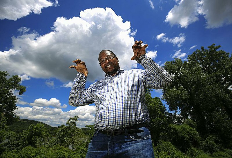 Josh Hill, a network engineer for Verizon Wireless, demonstrates one of the gestures he used during his seven-day winning streak on Jeopardy.  