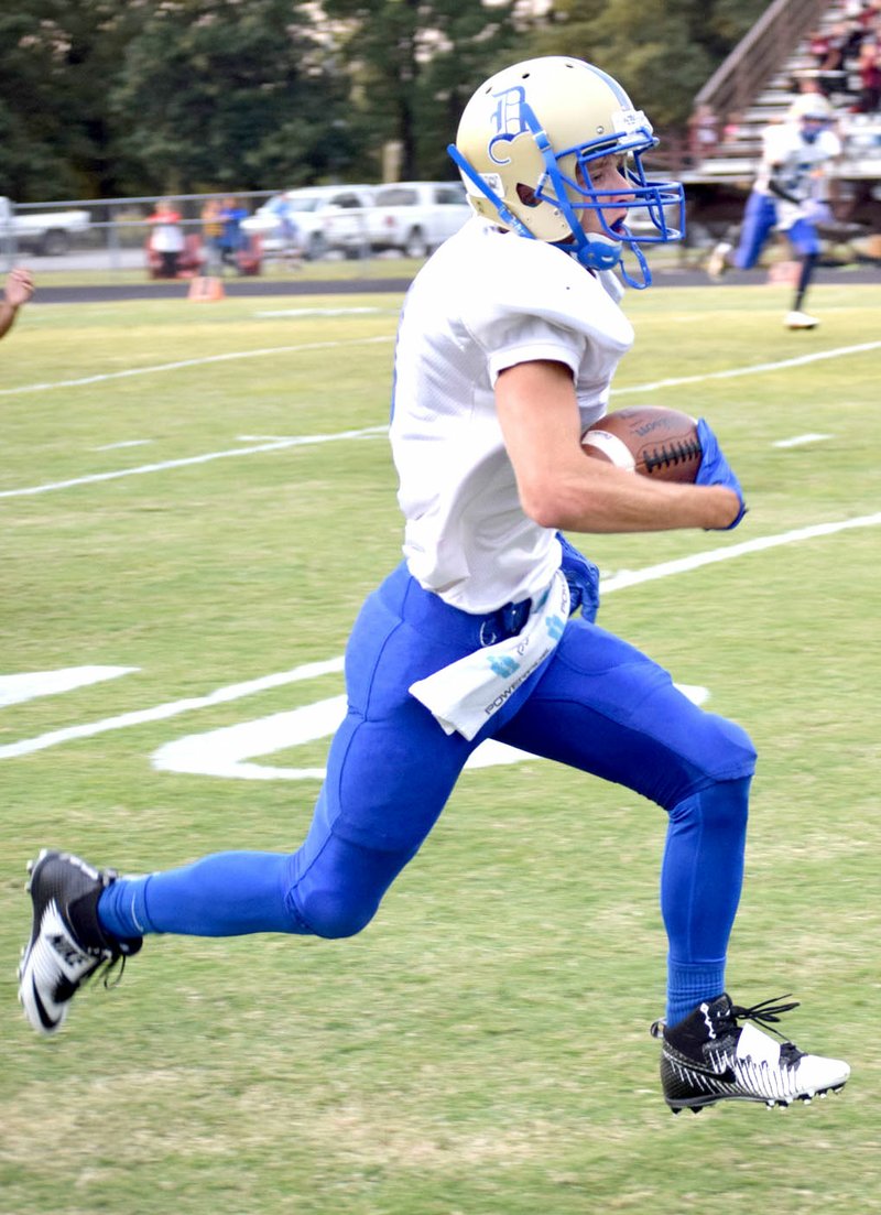 Westside Eagle Observer/MIKE ECKELS Decatur's Taylor Haisman found an opening into the end zone for a 75-yard touchdown run during the first quarter of the Gentry-Decatur football contest a Pioneer Stadium in Gentry Sept. 8, 2017.