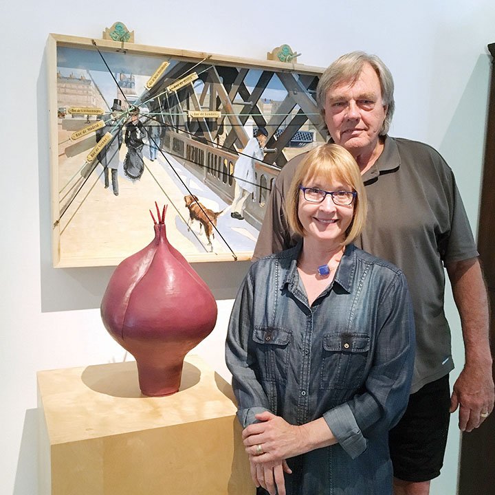 Barbara Satterfield and her husband, Jim Volkert, of Conway are among local artists with works in the 2018 Delta des Refusés, which will open Friday in Little Rock. Satterfield titled her sculpture Four Stigmata. Volkert titled his artwork Century Museum Teaching Frame: After Caillebotte.