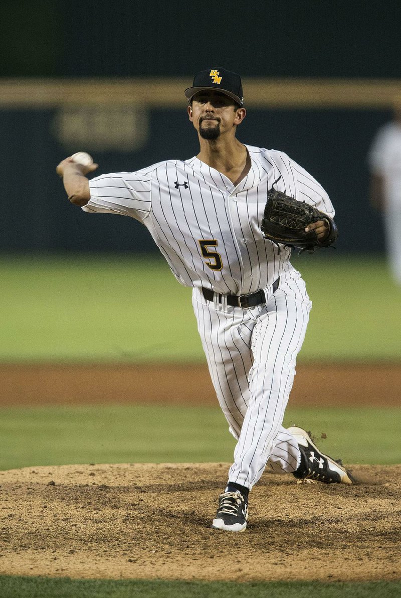 Southern Miss pitcher Nick Sandlin allowed 4 hits and had 10 strikeouts over 7 innings in Friday night’s 9-0 victory over Dallas Baptist. The Golden Eagles face Arkansas today.  