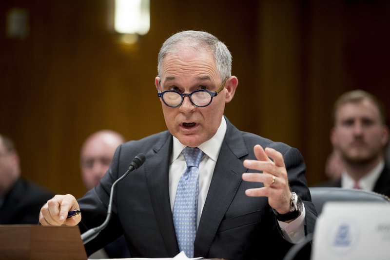 FILE - In this May 16, 2018, file photo, Environmental Protection Agency Administrator Scott Pruitt testifies before a Senate Appropriations subcommittee on the Interior, Environment, and Related Agencies on budget on Capitol Hill in Washington. (AP Photo/Andrew Harnik, File)