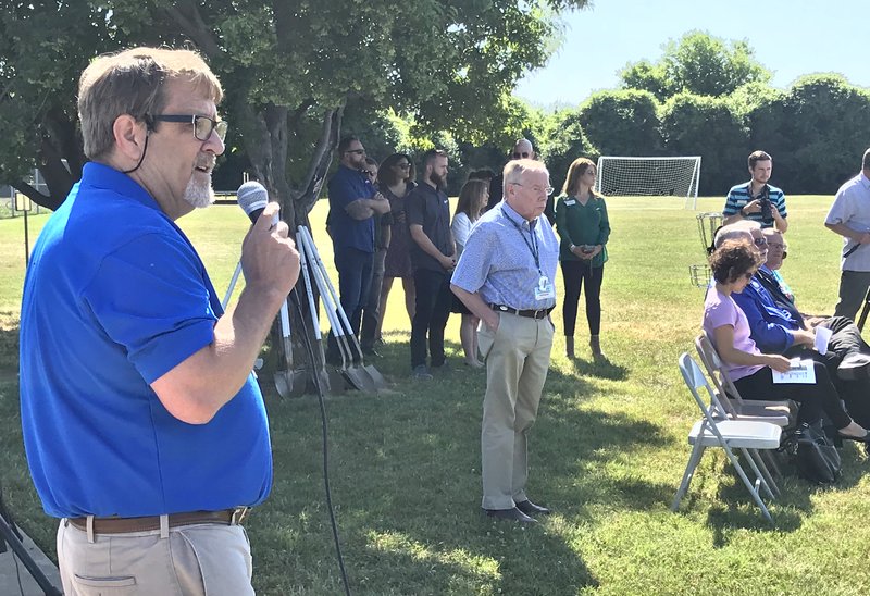 Mike Gilbert, chief operating officer at the Jones Center, gives a few remarks at a groundbreaking for the Runway Bike Park Tuesday at the Jones Center in Springdale. 