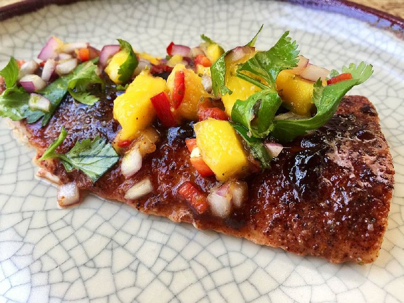 Blackened Barbecue Salmon With Mango Salsa from The Pretty Dish by Jessica Merchant