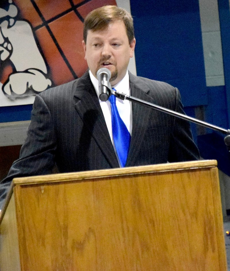 Westside Eagle Observer/MIKE ECKELS Jeff Gravette, Decatur School District superintendent, delivers the welcoming address during the May 14, 2017, commencement exercise at Decatur High School. Gravette stepped down as superintendent May 28, 2018, to take the assistant superintendent's position for Gravette Public Schools.