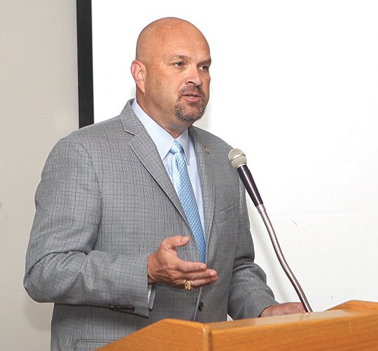 The Sentinel-Record/Richard Rasmussen DRUG DIRECTOR: Arkansas State Drug Director Kirk Lane addresses the Opioid Prevention Education Summit Thursday at CHI St. Vincent Hot Springs.