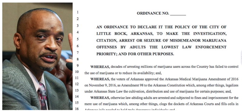 Ward 2 City Director Ken Richardson is shown in this file photo beside a portion of his proposed ordinance that would have made misdemeanor marijuana arrests the lowest priority for the Little Rock Police Department.