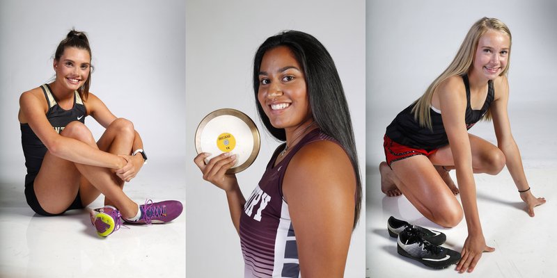 NWA Democrat-Gazette/DAVID GOTTSCHALK  Lainey Quandt of Bentonville Runner of the Year (from left) Chastery Fuamatu of Gentry Girl Track Athlete of the Year and Blaklee Winn of Pea Ridge Girl Track Newcomer of the Year. 