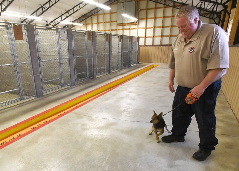 Cody Wilson, a Centerton animal control officer, shows a dog available for adoption at the Centerton Animal Shelter. Bentonville currently contracts with Centerton to take lost and stray dogs to its animal shelter but has selected land as its top choice for an animal shelter.