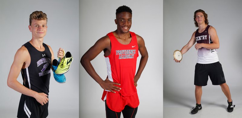 Camren Fischer of Fayetteville (left), J.P. Rutherford of Providence Academy and Mason Clark of Gentry at the 2018 Boys Track Athletes of the Year. (NWA Democrat-Gazette Photos/DAVID GOTTSCHALK)