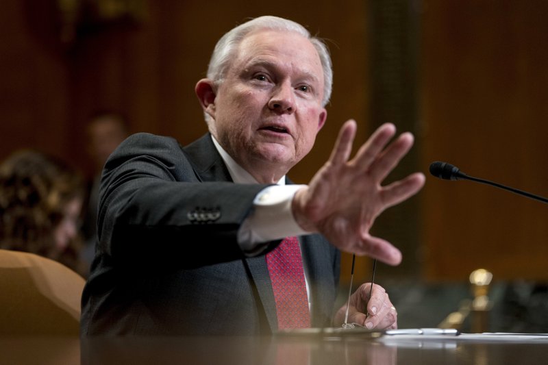 FILE - In this April 25, 2018, file photo, Attorney General Jeff Sessions speaks on Capitol Hill in Washington. (AP Photo/Andrew Harnik, File)