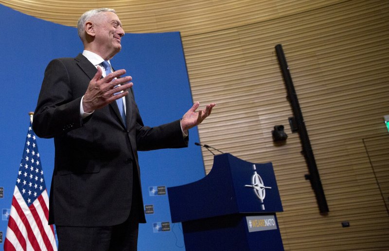 U.S. Secretary for Defense Jim Mattis speaks during a media conference after a meeting of NATO defense ministers at NATO headquarters in Brussels, Friday, June 8, 2018. (AP Photo/Virginia Mayo, Pool)