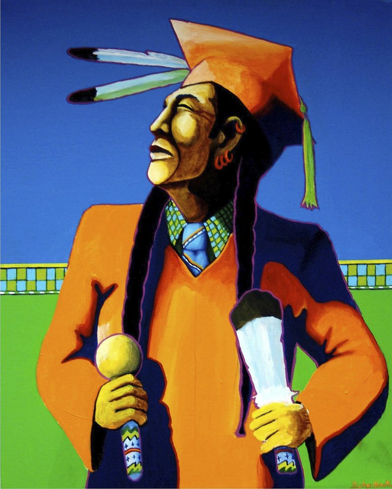 Artwork by Bunky Echo-Hawk "The Graduate," artwork by Bunky Echo-Hawk, is the logo image for this year's Native American Cultural Symposium. He'll be painting live at the event, and that piece of art will be sold to benefit the Seneca Black Elk Mathews Oklahoma State University Scholarship Fund.
