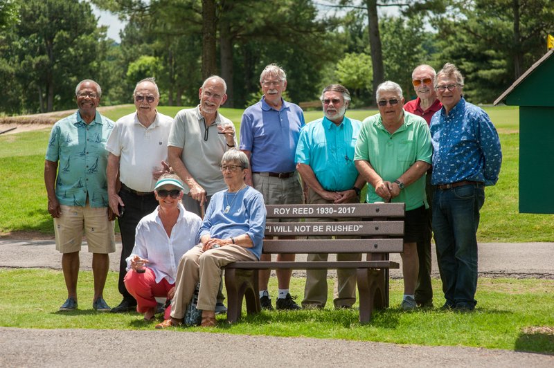 Arkansas Democrat-Gazette/LARA HIGHTOWER Close friends of Roy Reed gathered on June 6 to dedicate a new bench placed in his honor at Paradise Valley Golf Course, where Reed played golf several times a week for years.
