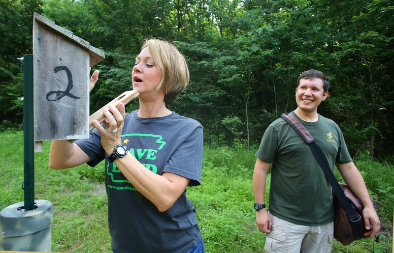 NWA Democrat-Gazette/DAVID GOTTSCHALK Terri Lane (left), executive director of the Northwest Arkansas Land Trust, and Sim Barrow, communication and outreach manager, peek in on nesting Carolina wrens in a birdhouse Friday at the Wilson Springs Preserve in Fayetteville. The Northwest Arkansas Land Trust is beginning a campaign to bring 5,000 acres under its protection in the next three years with Walton Family Foundation support.