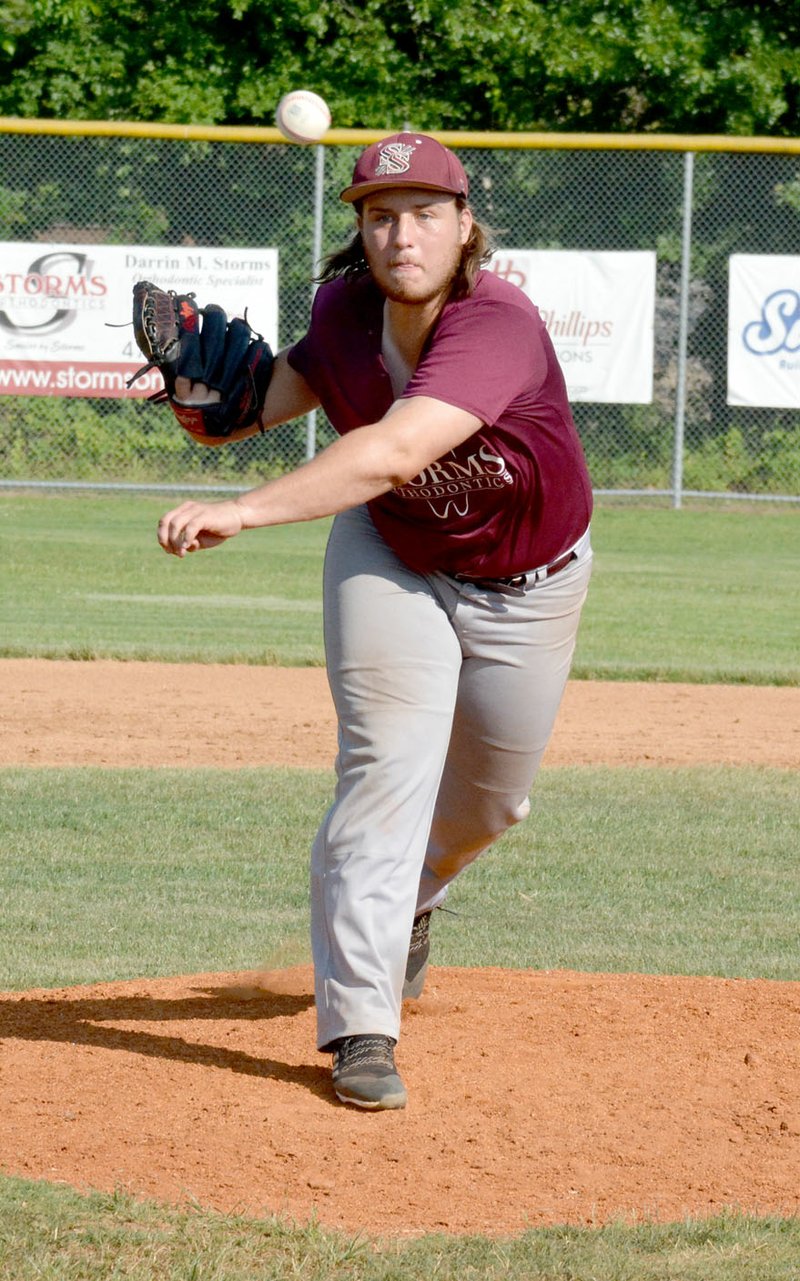Graham Thomas/Siloam Sunday Storms Orthodontics Siloam Post 29 pitcher Chance Junkermann throws a pitch during Wednesday's game against Russellville.