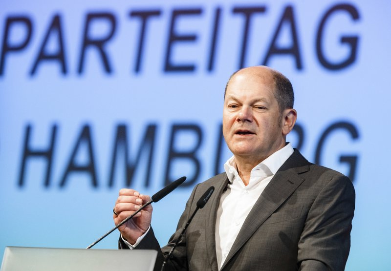 German finance minister Olaf Scholz speaks during a party meeting of Hamburg's Social Democrats in Hamburg, Germany, Saturday, June 9, 2018. (Markus Scholz/dpa via AP)