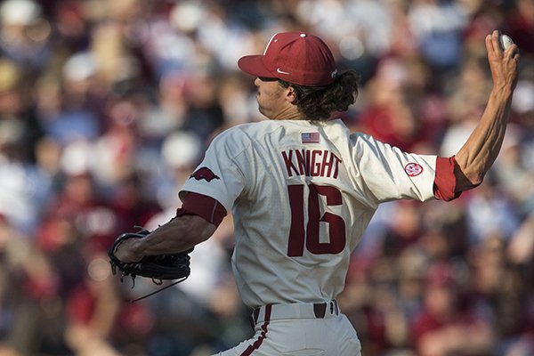 Arkansas pitcher Blaine Knight throws during an NCAA Tournament game against South Carolina on Saturday, June 9, 2018, in Fayetteville. 