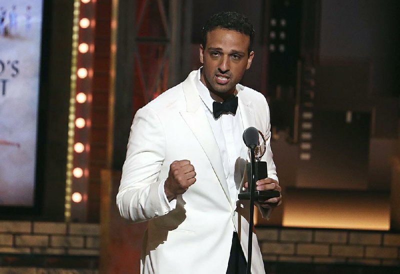 Ari’el Stachel accepts the award for featured Actor in a musical for The Band’s Visit at the 72nd annual Tony Awards at Radio City Music Hall on Sunday in New York.  