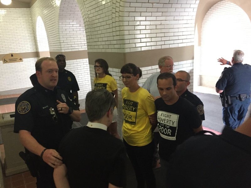 Five protesters with the Arkansas Poor People’s Campaign were arrested at the state Capitol in Little Rock on Monday, June 11, 2018.
