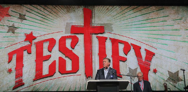 Steve Gaines, the outgoing president of the Southern Baptist Convention, presides over the group’s annual meeting Tuesday in Dallas. J.D. Greear, pastor of The Summit Church of Raleigh and Durham, N.C., was elected to succeed Gaines.