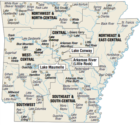 A map showing the location of Arkansas fishing spots.
