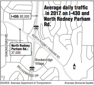 Map showing average 2017 daily traffic on I-430 and North Rodney Parham Rd.