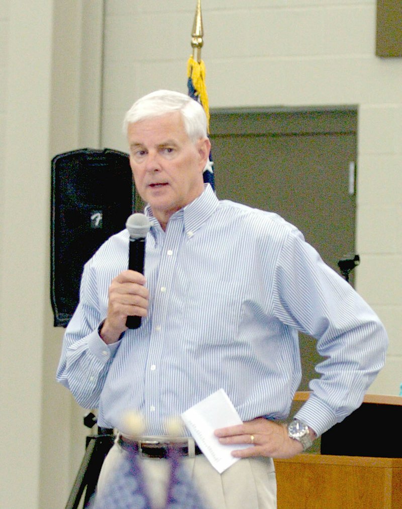 MARK HUMPHREY ENTERPRISE-LEADER Congressman Steve Womack, shown speaking at a sendoff he hosted for appointees to military service academies in 2017, has appointed local athletes, Zeke Laird of Prairie Grove to West Point in 2017; and Javan Jowers, of Farmington to the Air Force Academy in 2018.