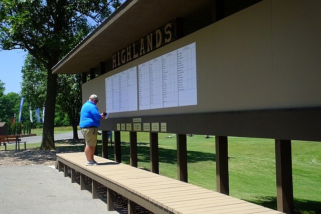 Lynn Atkins/The Weekly Vista Alex Sanford, golf professional at Highlands, posts the Pro-Am scores on the brand new scoreboard recently built by the volunteer organization, Friends of the Highlands on Tuesday of the APT Tournament.