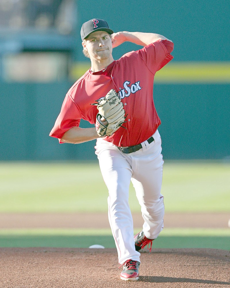 Kelly O'Connor photo/Prairie Grove native Jalen Beeks, shown pitching in an April 21, 2018, for the Pawtucket Red Sox, known as the PawSox, made his Major League Baseball debut on Thursday, June 7, 2018 as starting pitcher for the Boston Red Sox against the Detroit Tigers. Beeks was sent back to Pawtucket following the game.