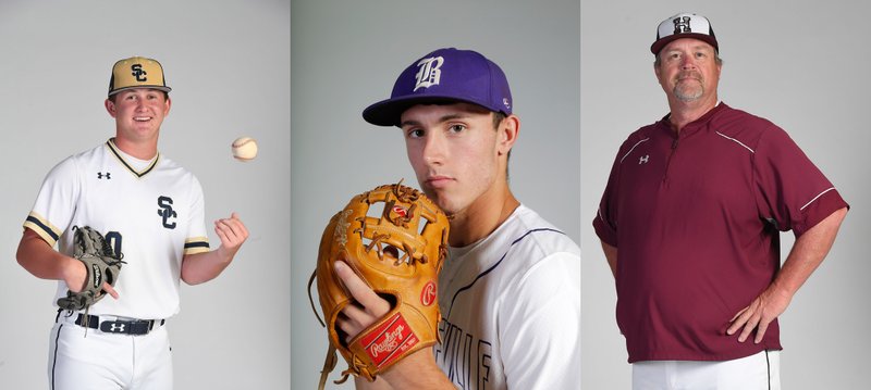 NORTHWEST ARKANSAS DEMOCRAT-GAZETTE PHOTOS
Walker William (from left) of Shiloh Christian. 2018 All-NWADG Newcomer of the Year, Brandon Ulmer of Booneville Player of the Year and Greg Harris of Huntsville. Coach of the Year.