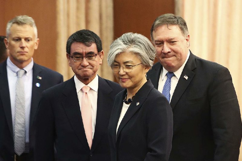 Secretary of State Mike Pompeo meets today in Seoul with South Korean Foreign Minister Kang Kyung-wha (second from right) and Japanese Foreign Minister Taro Kono (second from left).  
