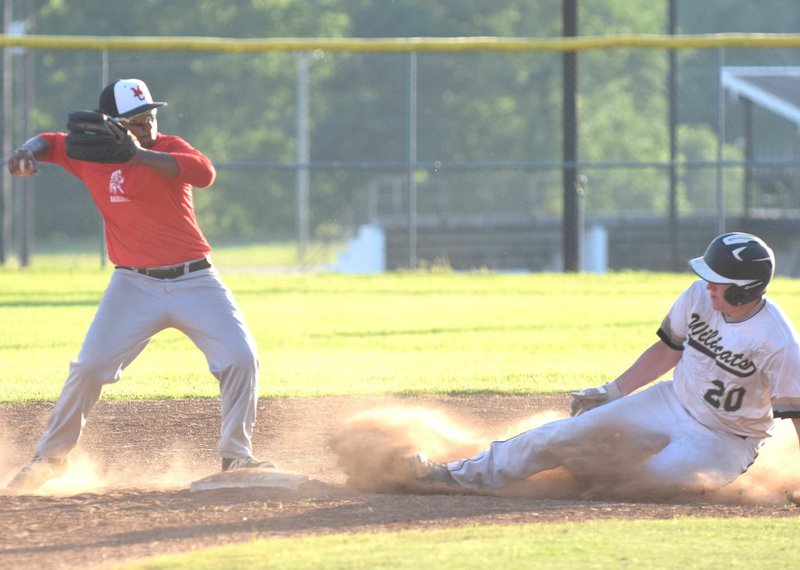 Rick Peck/Special to McDonald County Press McDonald County second baseman Omar Manuel forces out a Neosho runner before throwing to first for a double play during McDonald County's 4-3 loss on June 5 at MCHS.