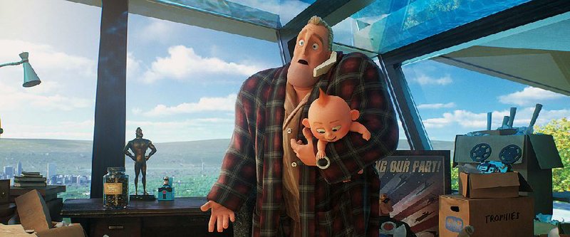Bob Parr — Mr. Incredible (voice of Craig T. Nelson) in mufti — is left alone to deal with a household full of superkids when his partner Elastigirl battles a mad criminal in Brad Bird’s Incredibles 2. 
