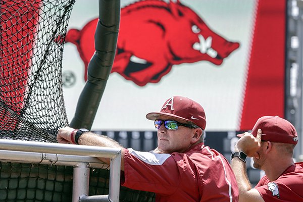 Arkansas coach Dave Van Horn follows batting practice at TD Ameritrade Park in Omaha, Neb., Friday, June 15, 2018. Arkansas plays Texas on Sunday in the NCAA College World Series baseball tournament. (AP Photo/Nati Harnik)

