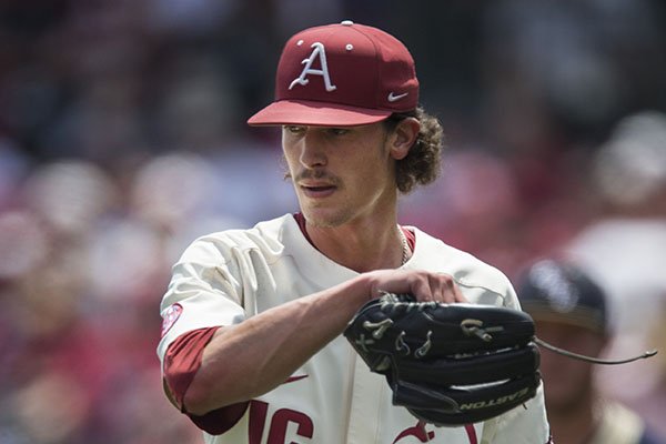 Arkansas pitcher Blaine Knight works during an NCAA Tournament game against Oral Roberts on Friday, June 1, 2018, in Fayetteville. 