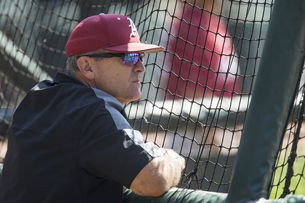 Dave Van Horn, Arkansas head coach, Thursday, May 31, 2018, during practice for the NCAA regional at Baum Stadium in Fayetteville.