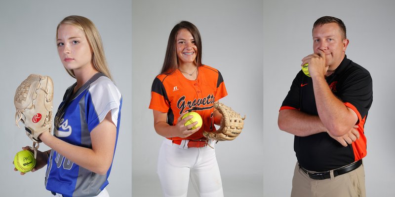 Jayden Hart of Paris (from left) Newcomer of the Year, Gabbi Scott of Gravette Player of the Year and Taos Jones of Gravette Coach of the Year.