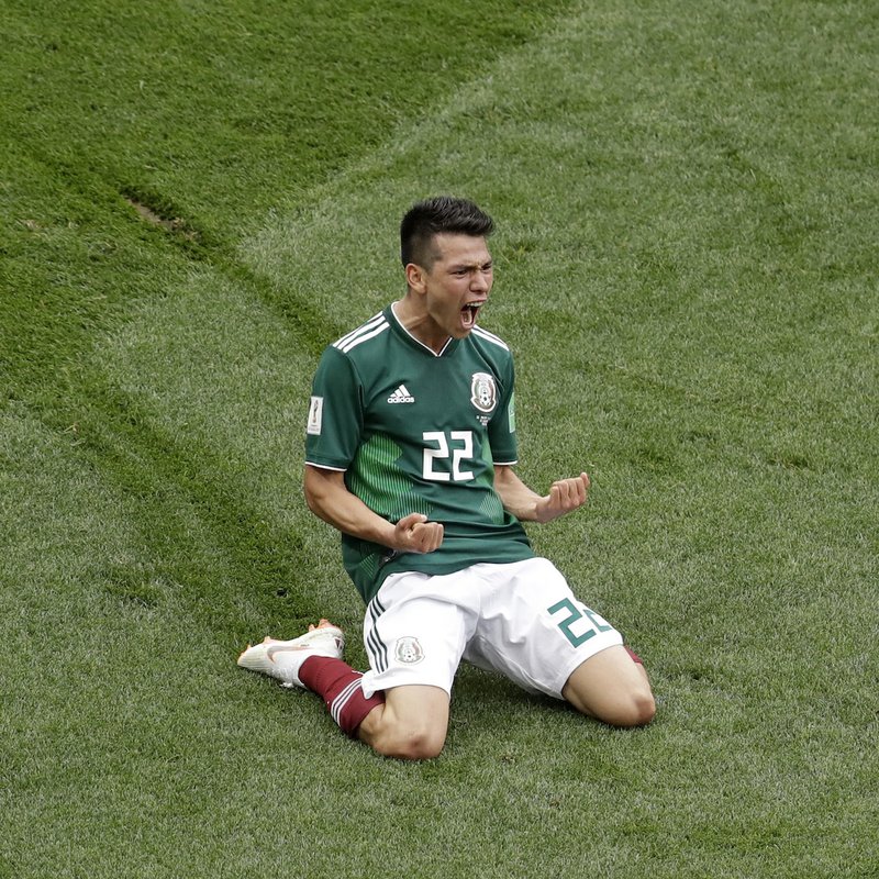 Mexico's Hirving Lozano celebrates after scoring the opening goal during the group F match between Germany and Mexico at the 2018 soccer World Cup in the Luzhniki Stadium in Moscow, Russia, Sunday, June 17, 2018. (AP Photo/Michael Probst)
