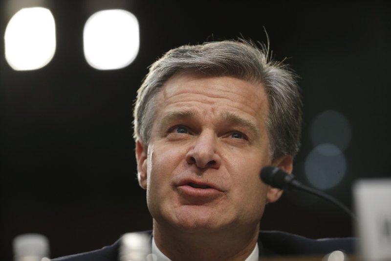 FBI Director Christopher Wray testifies during a hearing of the Senate Judiciary Committee to examine Horowitz's report of the FBI's Clinton email probe, on Capitol Hill, Monday, June 18, 2018 in Washington. (AP Photo/Alex Brandon)