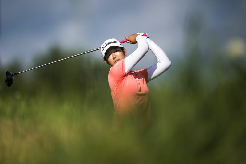 NWA Democrat-Gazette/CHARLIE KAIJO Xin (Cindy) Kou of Windermere, Fla. swings during the 4th annual Stacy Lewis Junior All-Star Invitational, Monday, June 18, 2018 at the Blessings Golf Course in Johnson. At No. 33 in the Rolex AJGA Rankings, Kou has won six AJGA tournaments. The Rolex Junior All-American has the most wins out of any player in the field and was named to the 2016 ACDS Junior All-Star Team. The 14-year-old is making her second appearance at the tournament, finishing T10 in 2016.